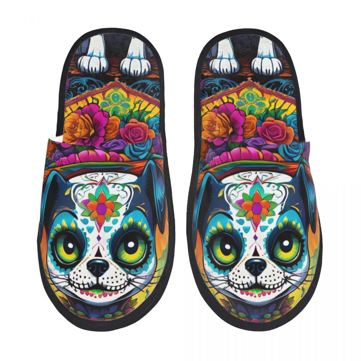 Fluffy Fur Slipper - Custom Women Mexican Floral Skull Dog